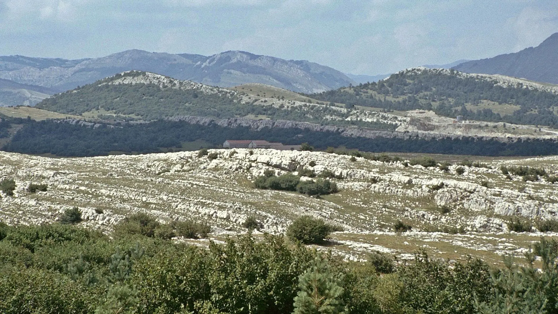 Kršovit hercegovački krajolik s kamenim zaravnima i brdima u pozadini